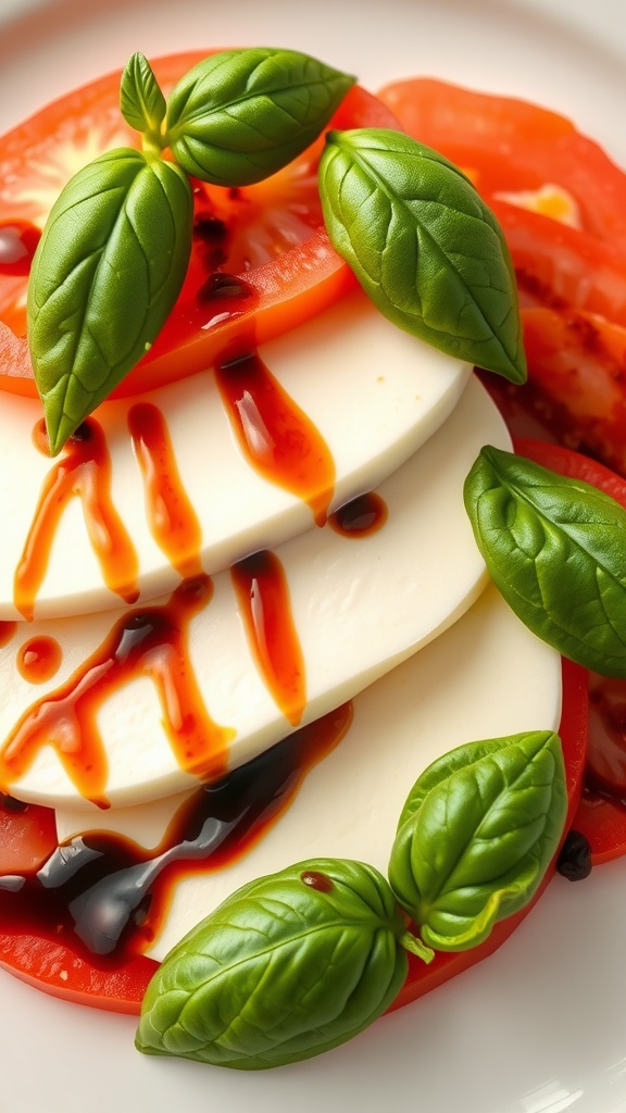 A stack of fresh mozzarella, tomato slices, and basil leaves drizzled with balsamic glaze.