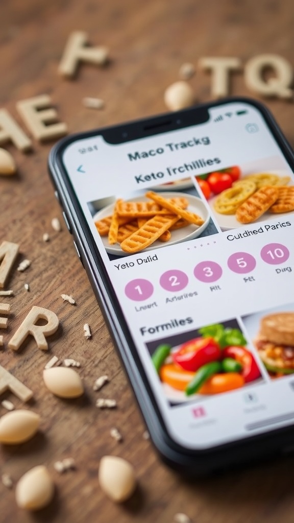 A smartphone displaying a macro tracking app with images of keto-friendly foods.