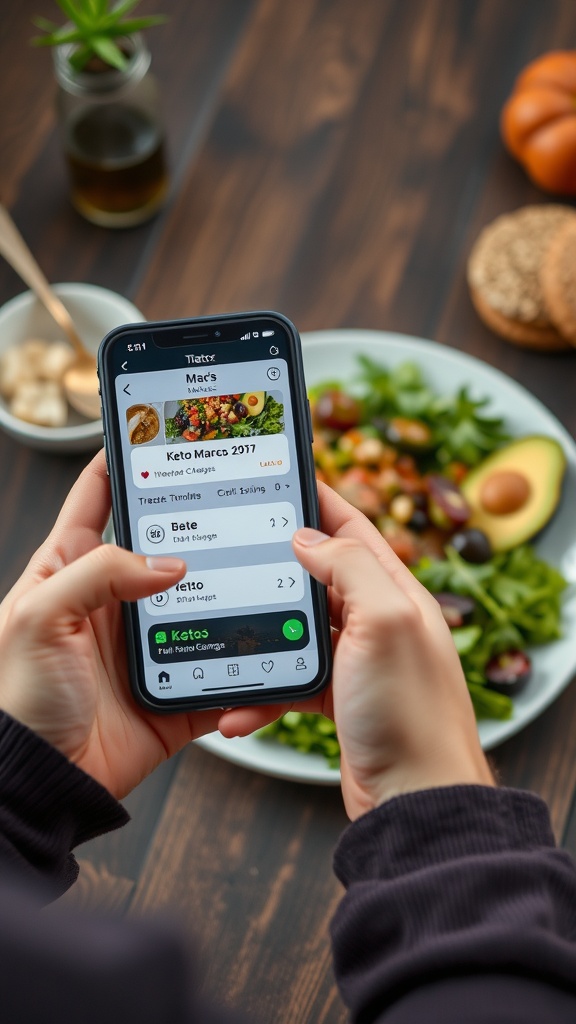 A person holding a smartphone displaying a keto meal tracking app, with a fresh salad on a plate in the background.