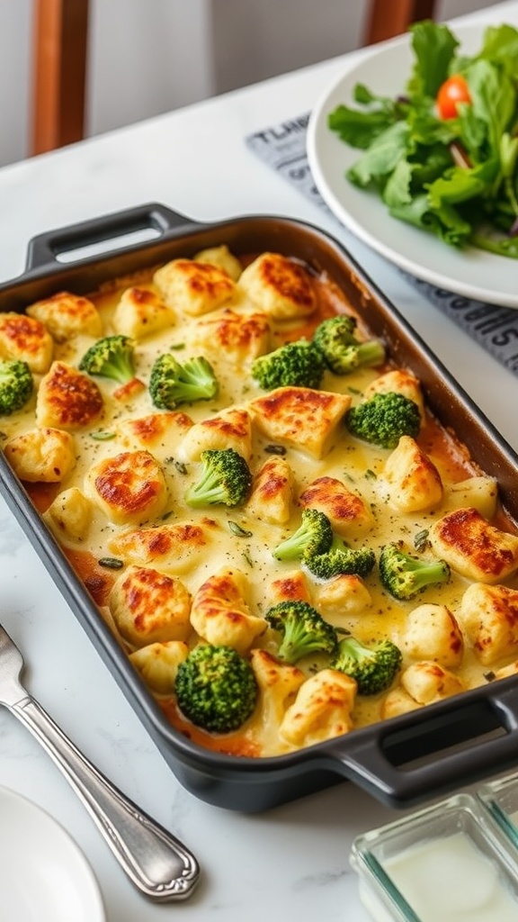 A dish of broccoli and cauliflower gratin with golden cheese on top, served with a side salad.