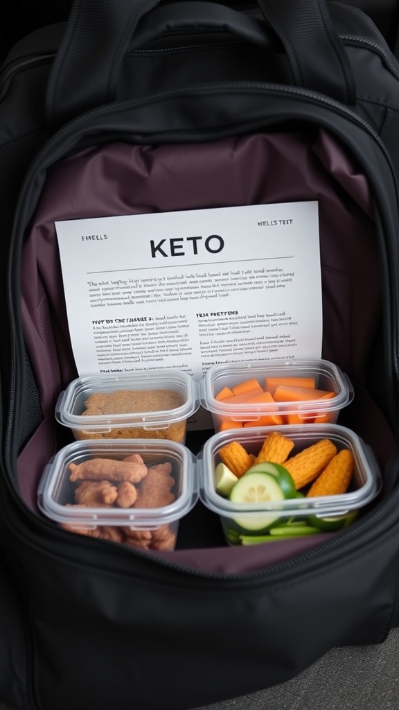 A black backpack containing meal prep containers with keto-friendly foods.