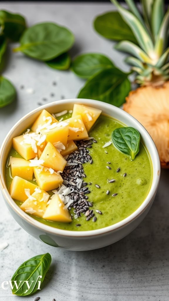 A Tropical Green Smoothie Bowl topped with mango, coconut, and chia seeds.