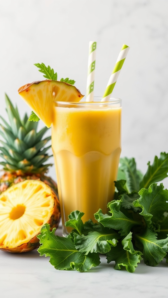 A smoothie glass filled with a tropical kale pineapple blend, garnished with a pineapple slice and surrounded by fresh kale and pineapple.