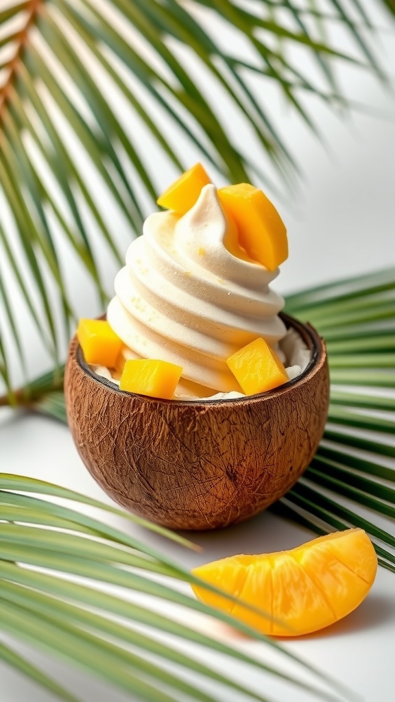 A swirl of mango coconut ice cream topped with mango chunks in a coconut shell.