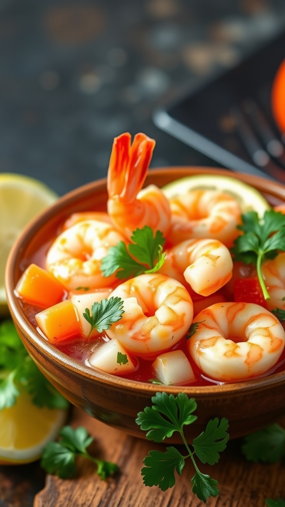 Bowl of tropical shrimp ceviche with cilantro and lemon slices.