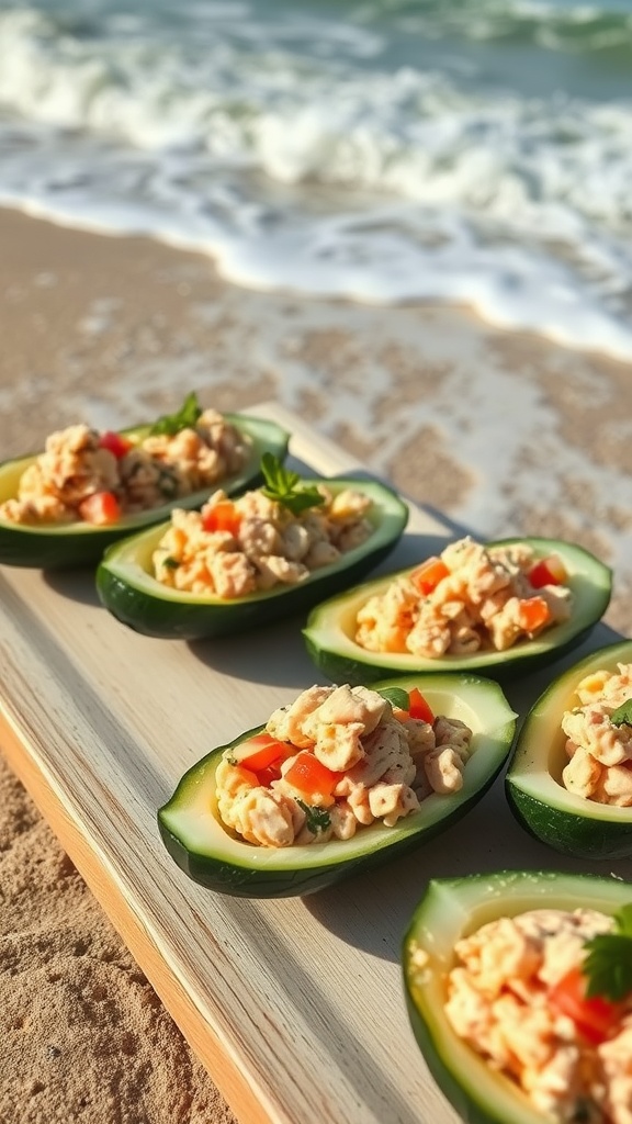 Tuna salad stuffed cucumber halves on a beach setting