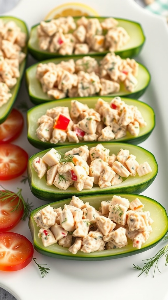 Tuna salad cucumber boats filled with a creamy tuna salad mixture, garnished with diced peppers and dill, served on a platter with cherry tomatoes.