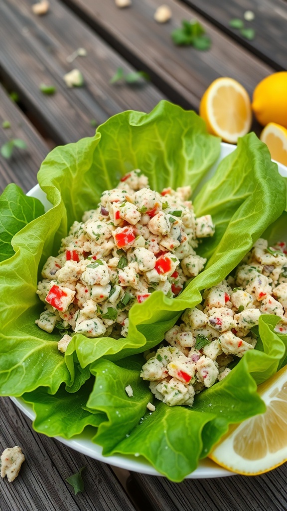 Tuna salad served in lettuce wraps with lemon slices