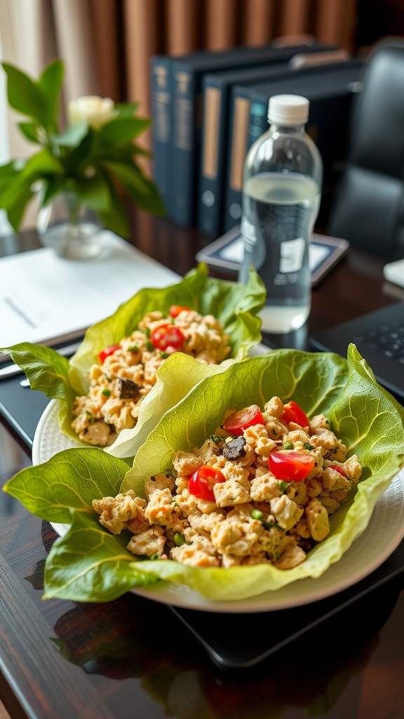 Tuna salad wrapped in lettuce leaves on a desk with a water bottle.