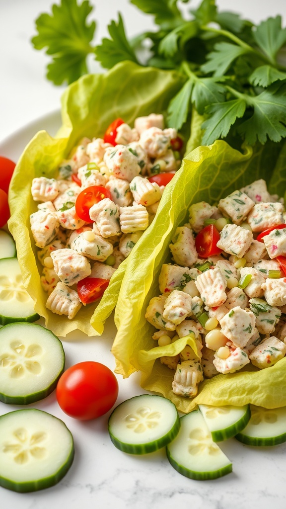 Two lettuce wraps filled with tuna salad, cherry tomatoes, and cucumber slices on a marble surface.