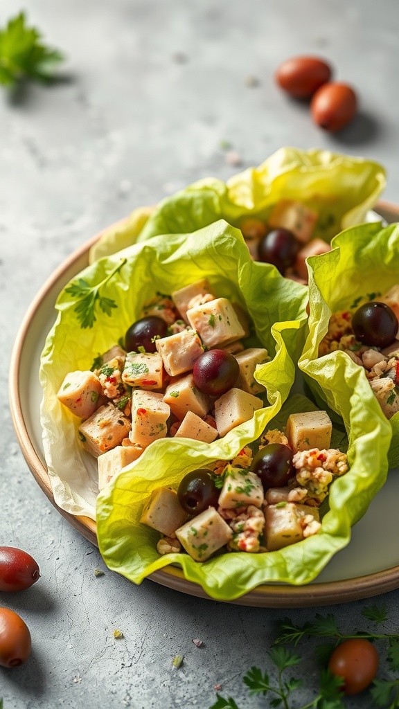 Tuna salad served in lettuce wraps with grapes and seasoning