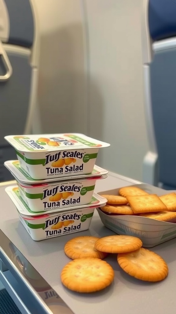 Tuna salad packets with crackers on an airplane tray