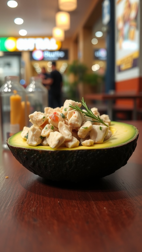 A half avocado filled with tuna salad on a wooden table, with a food court background.