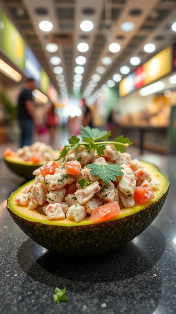 A bowl of tuna salad stuffed inside a halved avocado, garnished with fresh herbs.