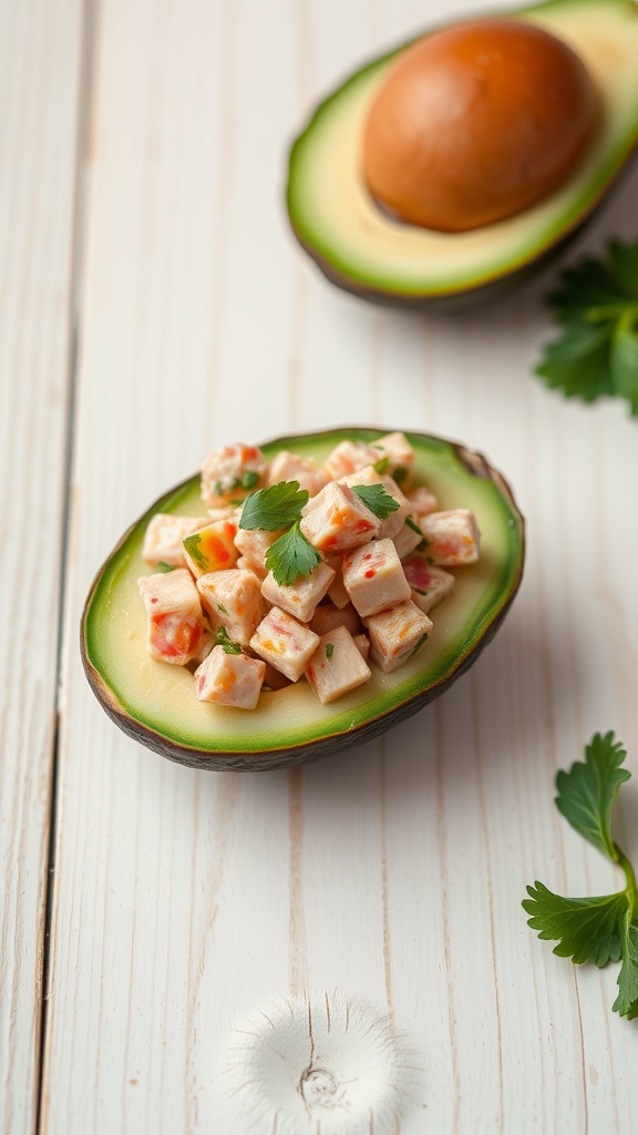 Tuna salad in a halved avocado with parsley on a wooden surface.