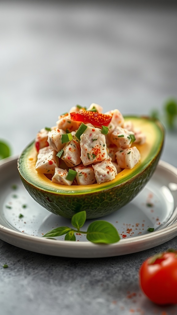 A halved avocado filled with tuna salad, garnished with herbs and spices.