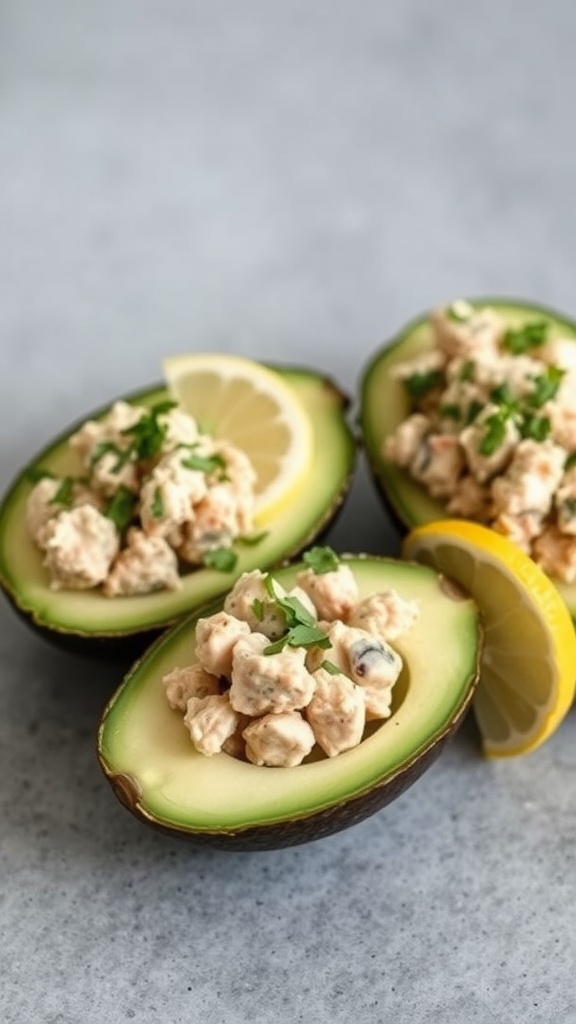 Avocados filled with tuna salad and garnished with cilantro and lemon slices