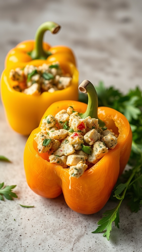 Tuna salad inside yellow bell peppers on a plate with parsley.