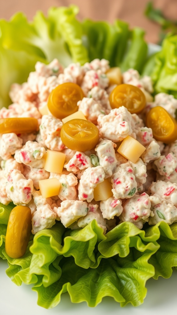 A bowl of tuna salad with celery and pickles, served on a bed of lettuce.