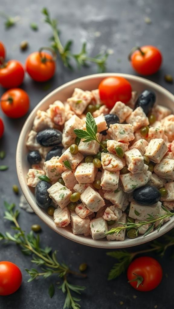 A bowl of tuna salad with olive oil, capers, cherry tomatoes, and fresh herbs.