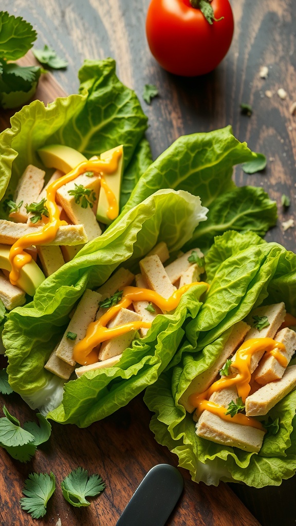 Turkey and avocado lettuce wraps with cheese and cilantro on a wooden surface.