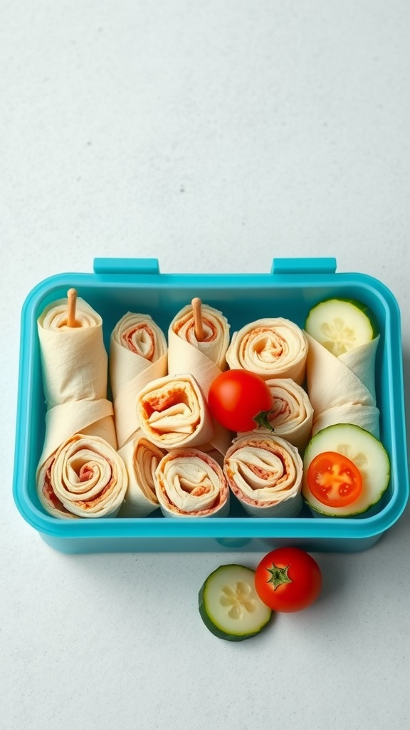 A lunch box filled with turkey and cheese roll-ups, cherry tomatoes, and cucumber slices.