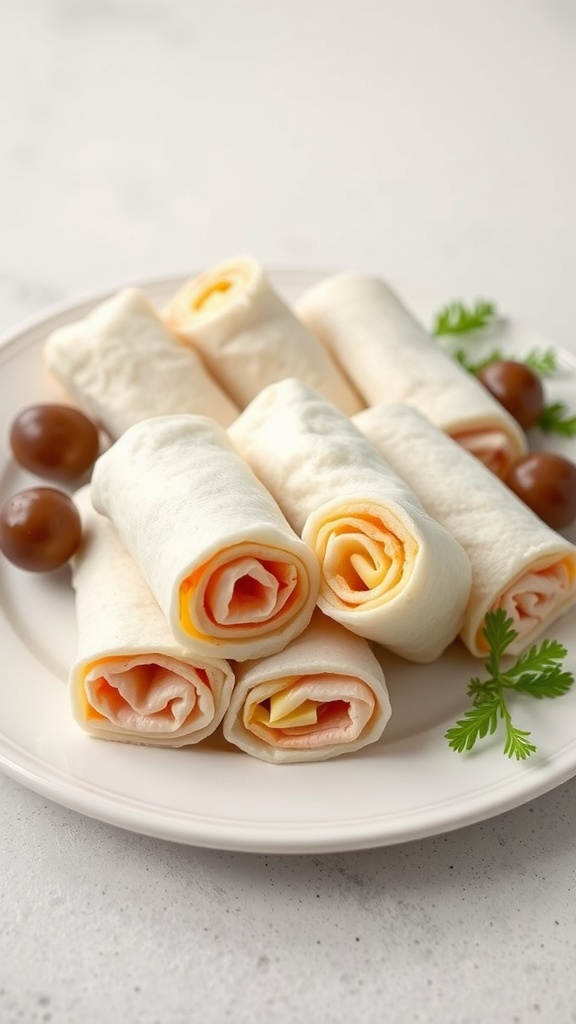 A plate of turkey and cheese roll-ups with olives and garnish.