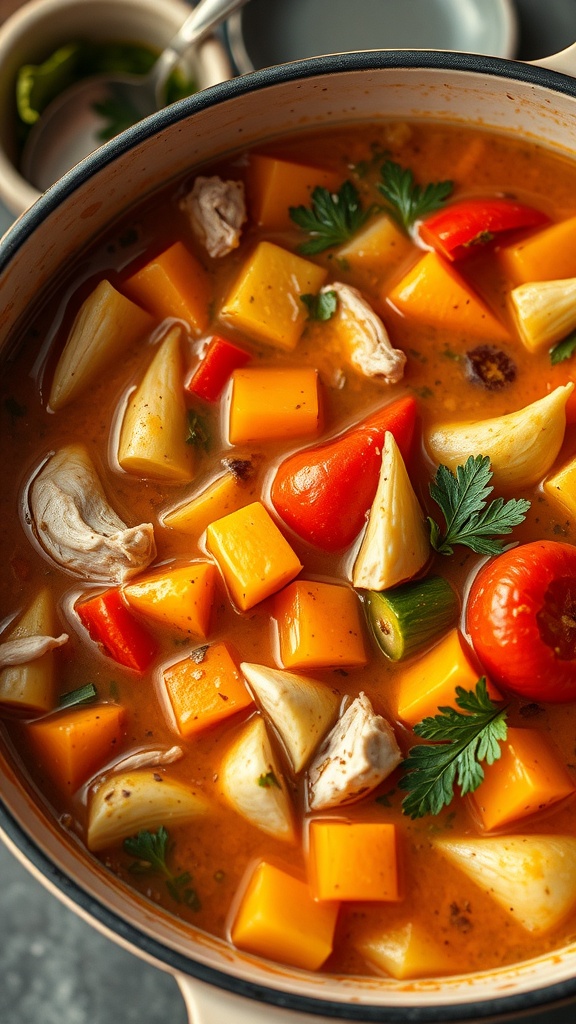 A bowl of turkey and vegetable soup filled with carrots, potatoes, and greens.