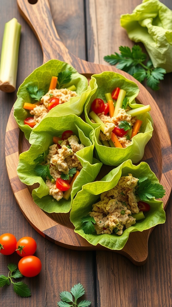 Turkey lettuce wraps filled with diced vegetables and sauce in lettuce leaves.