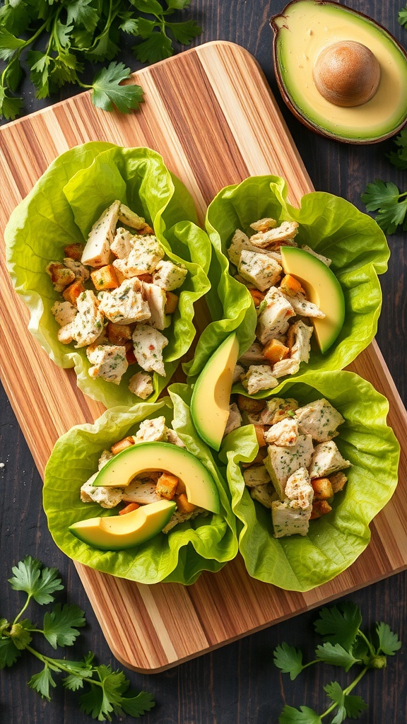 Turkey lettuce wraps with avocado on a wooden cutting board