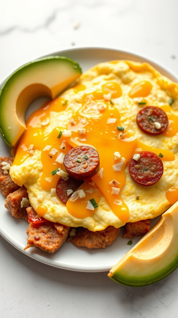 A delicious turkey sausage and cheese omelette served with avocado slices.