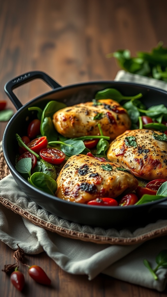 A skillet with Tuscan Chicken featuring spinach and cherry tomatoes