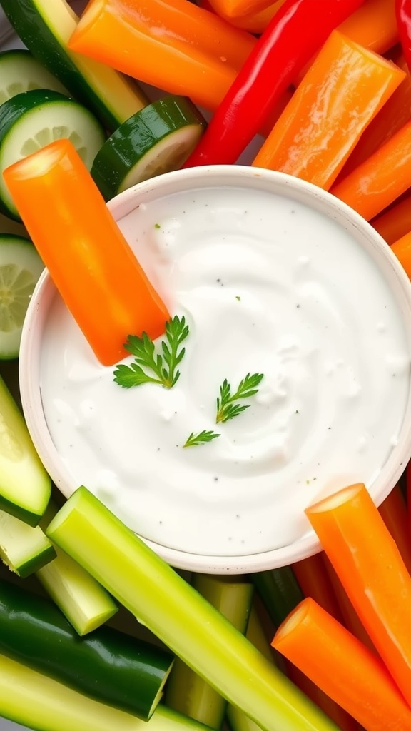 A bowl of tzatziki sauce surrounded by fresh vegetables including carrots, cucumbers, and celery.