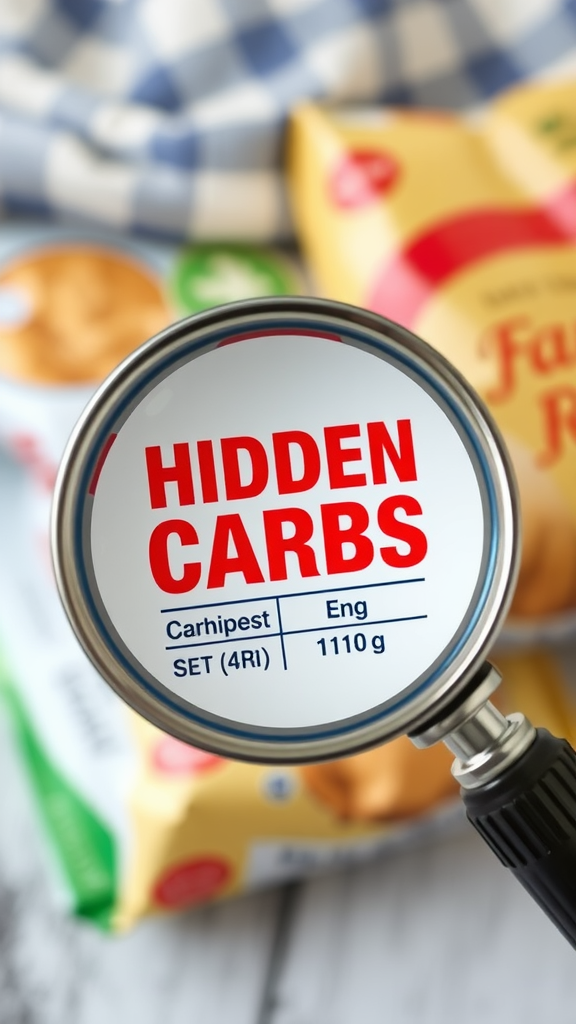 A close-up of a nutrition label under a magnifying glass to highlight hidden carbs.