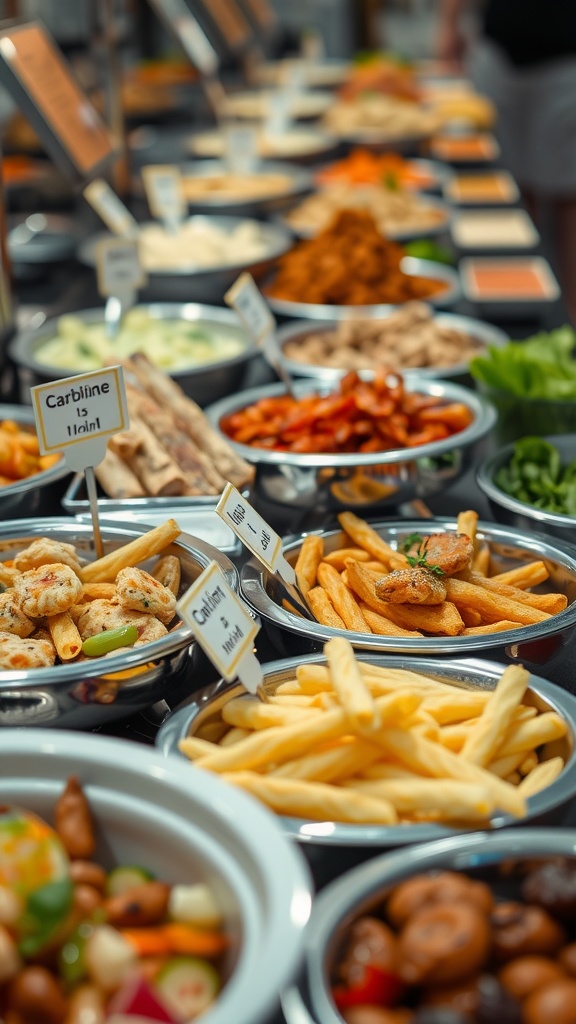 A variety of dishes at a buffet with labels showing carb information.