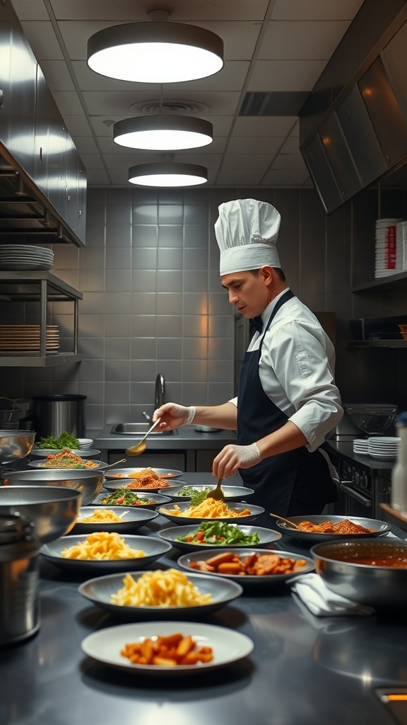 Chef preparing multiple dishes in a restaurant kitchen.