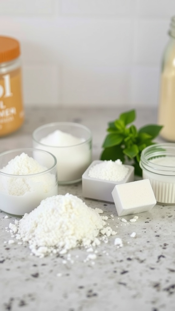 Various keto-friendly sweeteners displayed in glass containers on a countertop.