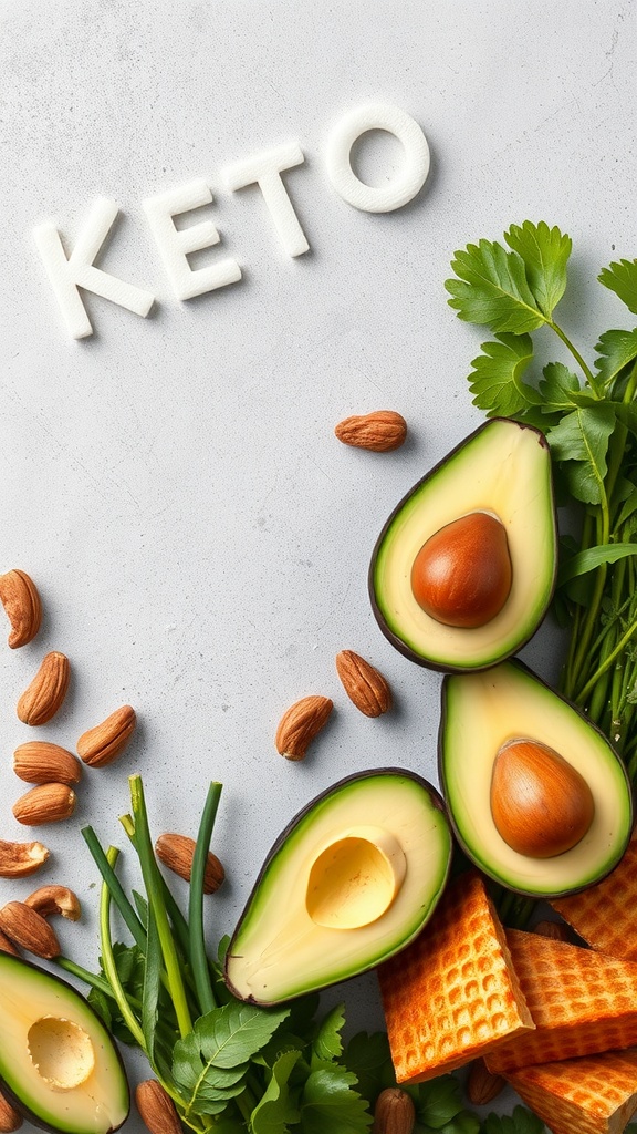 Ingredients related to the keto diet, including avocados, almonds, and greens, with the word 'KETO' displayed.