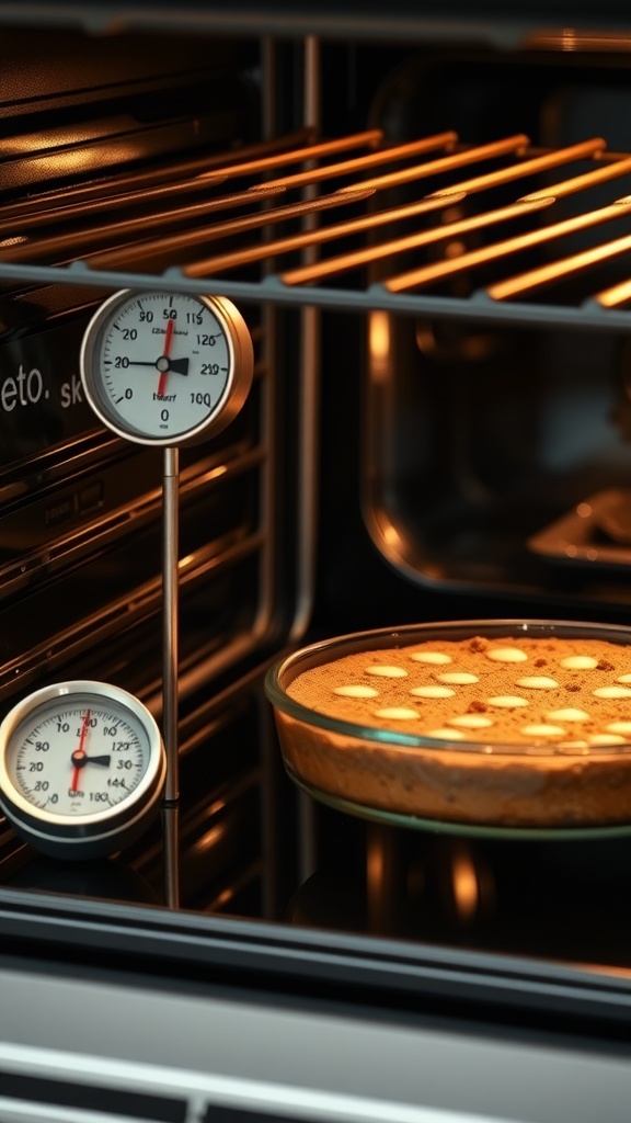 An oven with a keto dessert baking, showing temperature gauges.