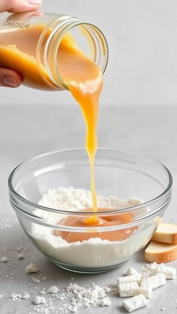 A hand pouring unsweetened applesauce into a bowl with flour and egg.