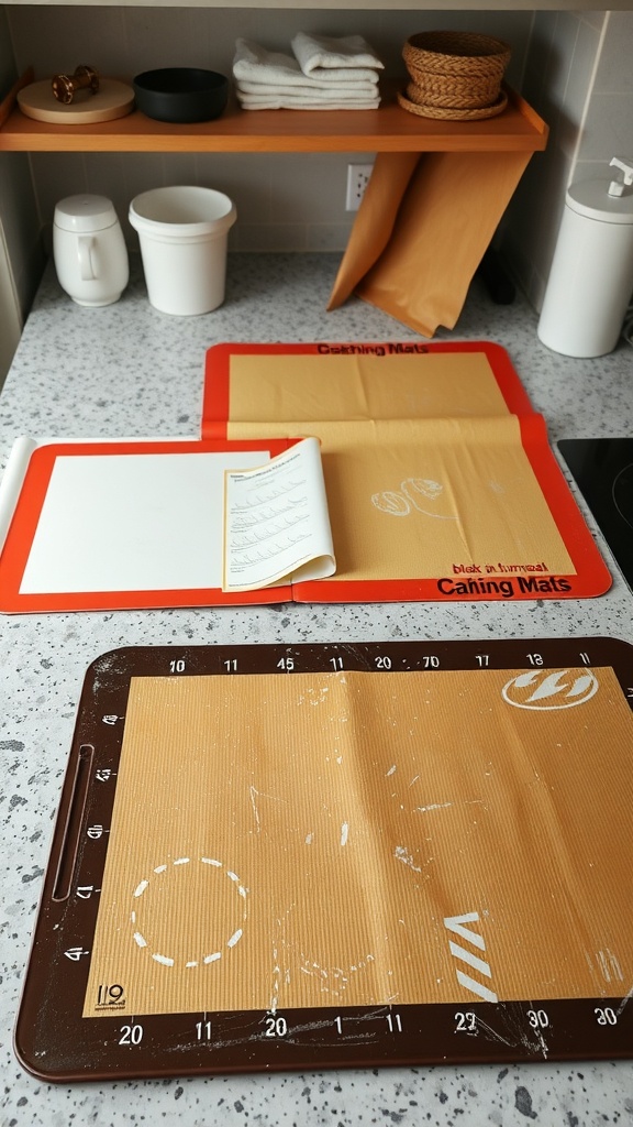 Baking mats and parchment paper on a kitchen countertop.