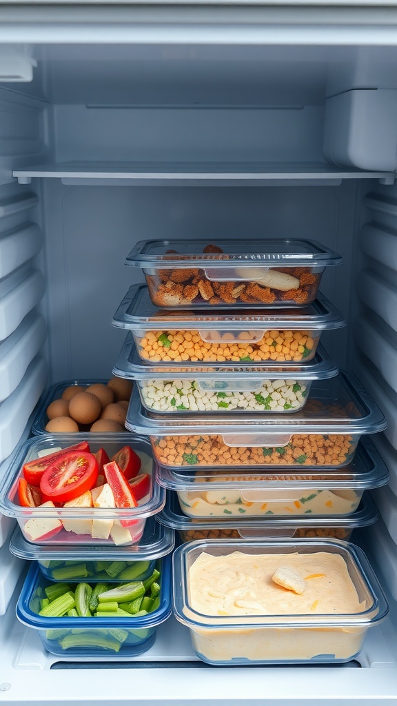 A neatly organized freezer with various meal prep containers filled with colorful ingredients.