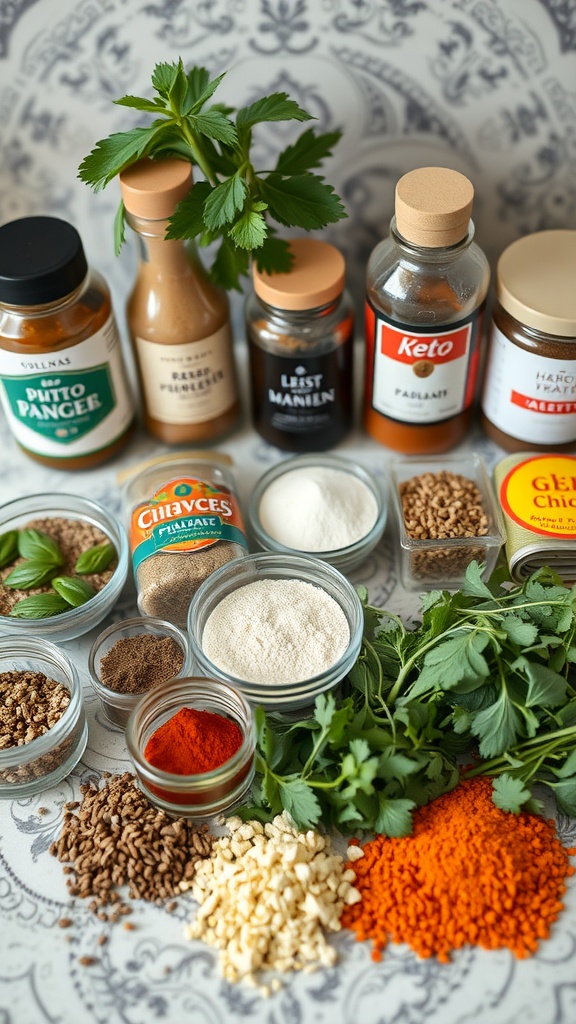 A variety of spices and herbs arranged on a table for meal prep