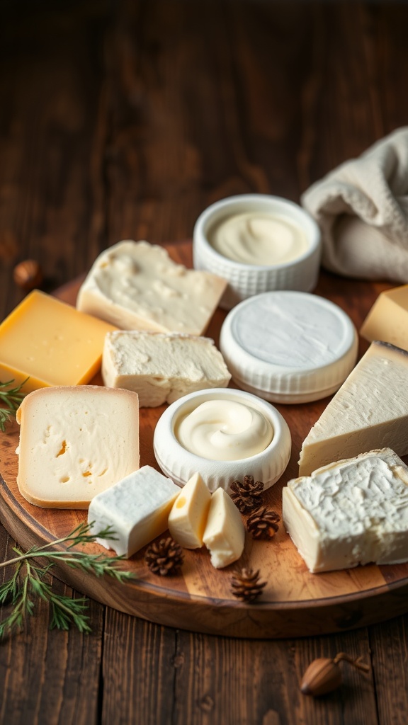 A variety of cheeses and creams displayed on a wooden board.