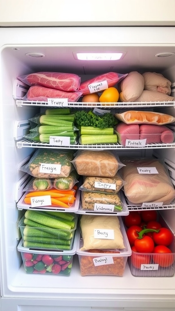 Organized freezer with labeled packs of meats and vegetables.