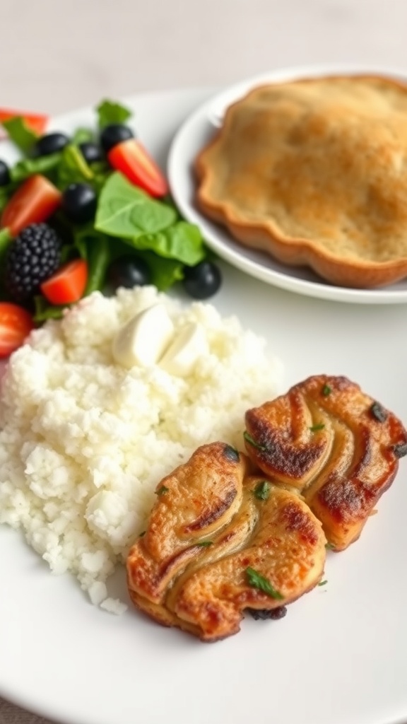 A plate featuring grilled chicken, cauliflower rice, and a colorful salad with various fruits and greens.