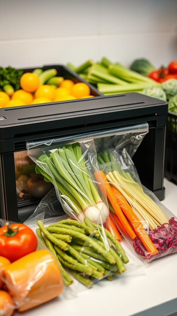 A vacuum sealer with fresh vegetables in a bag on a kitchen countertop.