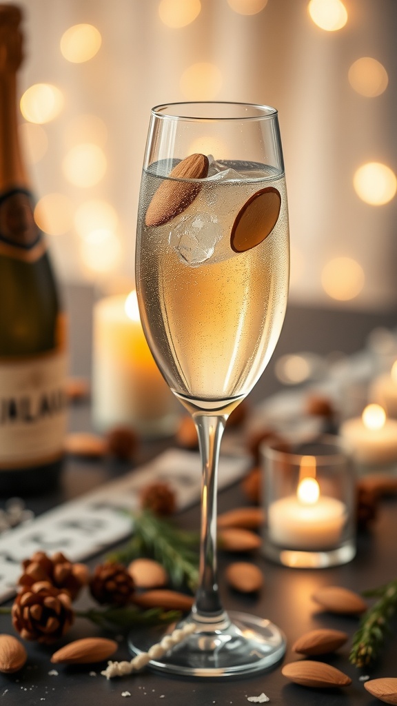 A glass of Vanilla Almond Champagne with almonds and soft candlelight in the background.