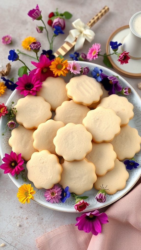 Plate of vanilla almond flour shortbread cookies surrounded by colorful flowers