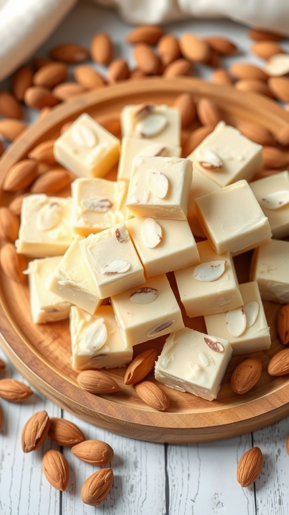 A plate of vanilla almond fudge squares with almonds scattered around.